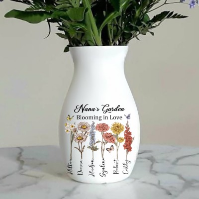 Custom Nana's Garden Birth Flower Vase With Grandchildren Name For Mother's Day Gift Ideas