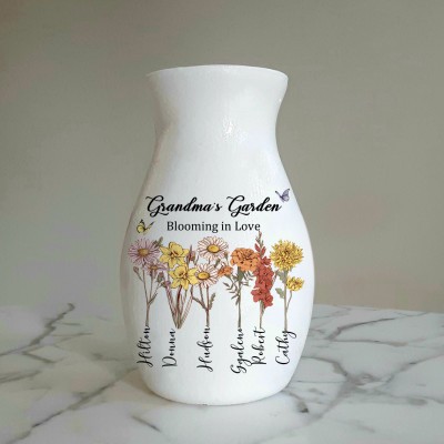 Custom Grandma's Garden Birth Flower Vase With Grandchildren Name For Mother's Day Gift Ideas