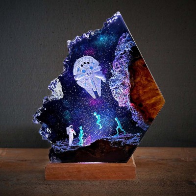 Spacecraft Astronaut and Aliens Galaxy Epoxy Resin Wood Lamp For Space Lovers Gifts
