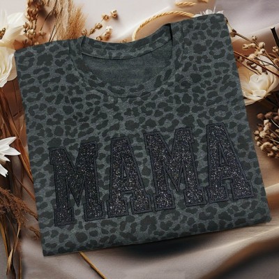 Custom Embroidered Leopard Mama Shirt For Mother's Day Gift