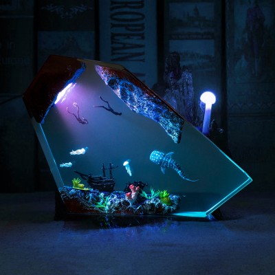 Humpback Whale and Two Diver Resin Wood Lamp Gifts For Ocean Lovers