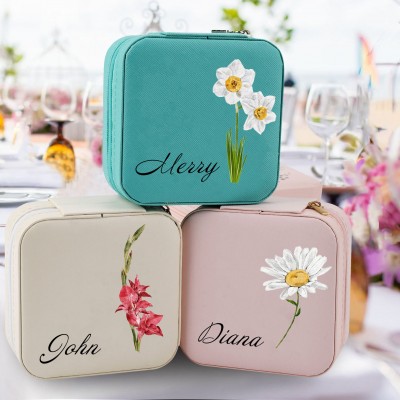 Personalized Birth Flower Jewelry Travel Boxes Case With Name