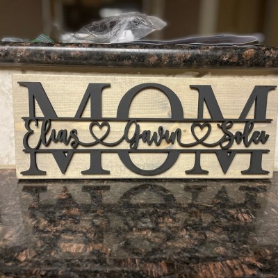 Custom Mom Wood Sign With Kids Name Engravings For Mother's Day Birthday