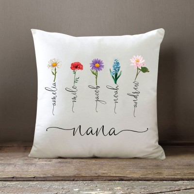 Personalized Grandma's Garden Birth Flower Pillow With Grandkids Names For Nana Mother's Day