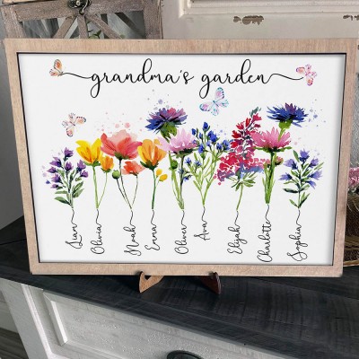 Personalised Grandma's Garden Sign With Grandkids Names and Birth Flower Unique Christmas Day Gift