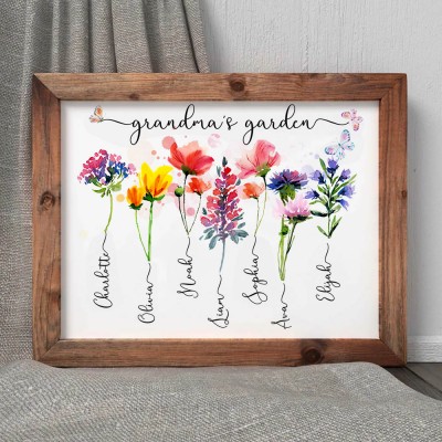 Personalised Grandma's Garden Frame With Grandkids Names and Birth Month Flower For Christmas Day Gift Ideas