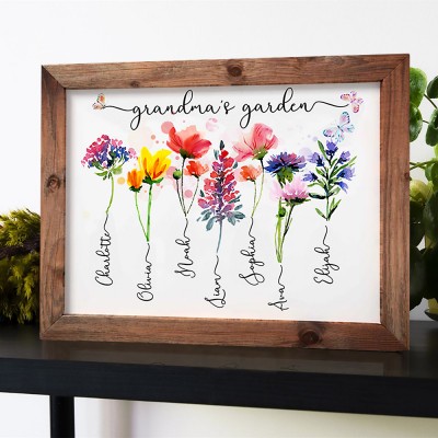 Personalised Grandma's Garden Frame With Grandkids Names and Birth Month Flower For Christmas Day Gift Ideas