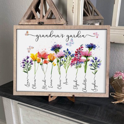 Personalised Grandma's Garden Frame Sign With Grandkids Names and Birth Flower Unique Christmas Day Gift