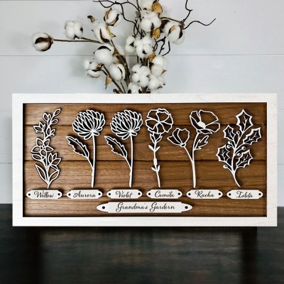 Custom Grandma's Garden Birth Month Flower Frame With Grandkids Names For Christmas Day Gift Ideas