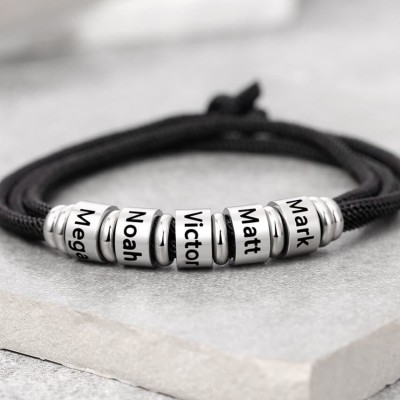 Mens Personalised Engraved Name Beads Bracelet With 1-10 Beads