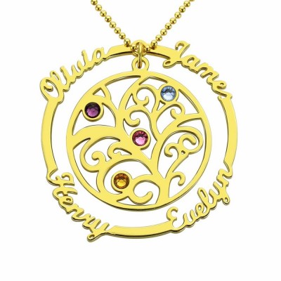 Personalized Tree-Design Family Necklace With 1-4 Names And Birthstones