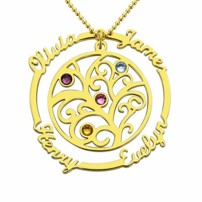 Personalized Tree-Design Family Necklace With 1-4 Names And Birthstones