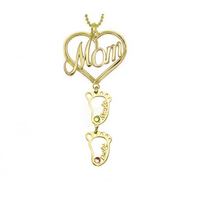 Personalized MOM Heart Pendant Birthstones Name Necklace with 1-10 Hollow BabyFeet Charms