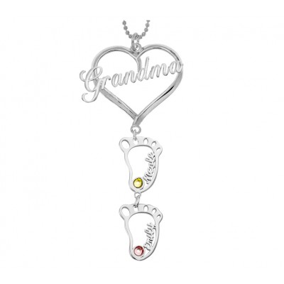 Silver Personalized Grandma Heart Pendant 1-10 Hollow BabyFeet Charm Birthstone Name Necklace