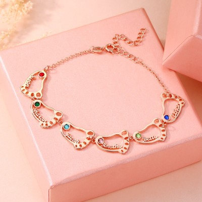 18K Rose Gold Plating Personalized 1-10 Baby Feet Name Bracelet With Birthstone
