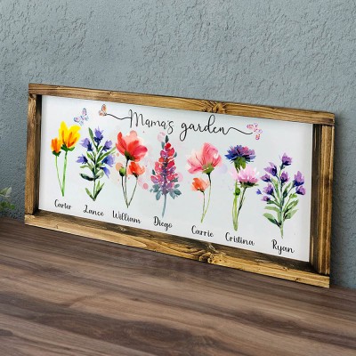 Personalised Mama's Garden Frame With Kids Names and Birth Month Flower For Christmas Day Gift