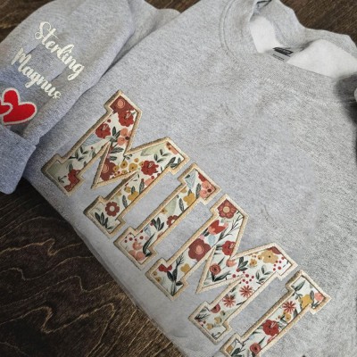 Custom Floral MIMI Embroidered Sweatshirt With Grandchildren Name On Sleeve For Mum Grandma Gift