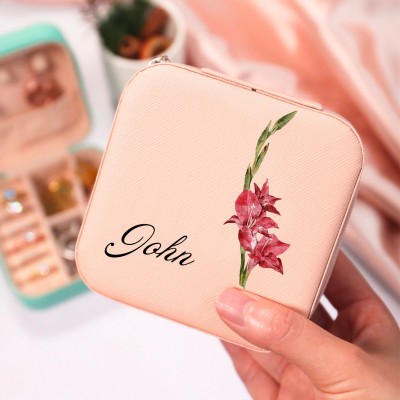 Personalized Birth Flower Jewelry Travel Box Bridesmaid Gift Case With Name