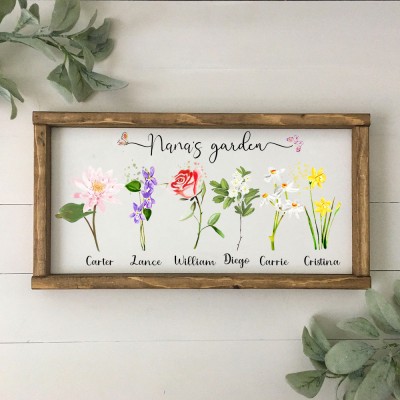 Personalised Grandma's Garden Sign With Grandkids Names and Birth Flower Unique Christmas Gift Ideas