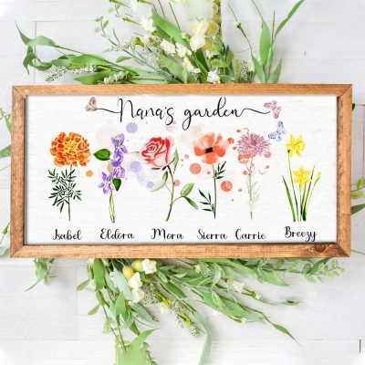 Personalised Nana's Garden Sign With Grandkids Names and Birth Month Flower For Christmas Day