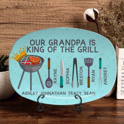 Personalized BBQ Dad Plate With Kids Name Our Grandpa Is King Of The Grill For Father's Day