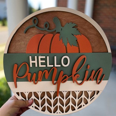 Hello Fall Pumpkin Door Hanger Farmhouse Entry Way Wall Home Decor