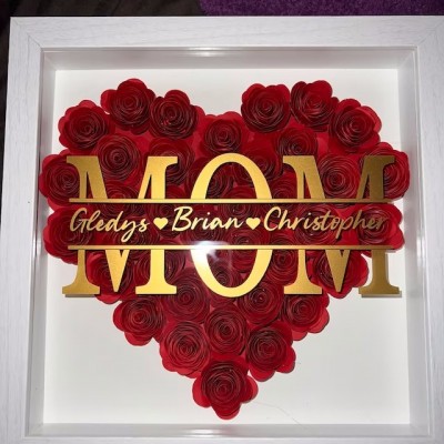 Personalized Mom Heart Flower Shadow Box With Kids Name For Mother's Day Birthday