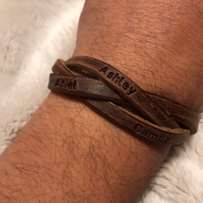 Custom Brown Leather Men Bracelet With 1-12 Names For Him Father's Day