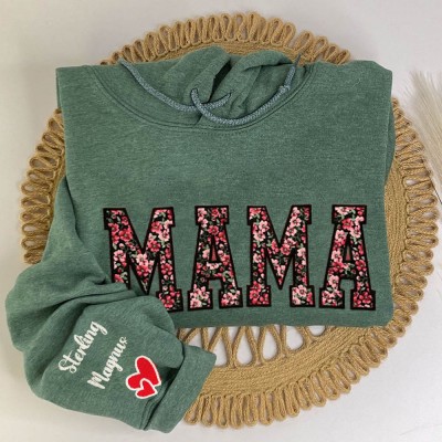 Custom Floral MAMA Embroidered Sweatshirt With Kids Name On Sleeve For Mom Grandma Christmas Gift