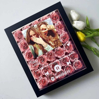 Personalized Spotify Flower Shadow Box With Best Friends Photo For Anniversary Galentine's Day