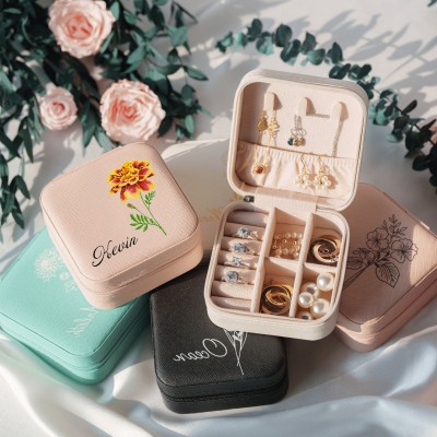 Personalized Birth Flower Jewelry Travel Box Bridesmaid Gift Case With Name