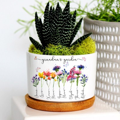 Custom Grandma's Garden Plant Pot With Grandkids Name and Birth Month Flower For Mother's Day