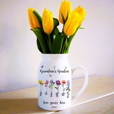 Custom Grandma's Garden Vase With Grandkids Name and Birth Month Flower For Mother's Day