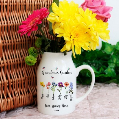 Custom Grandma's Garden Vase With Grandkids Name and Birth Month Flower For Mother's Day