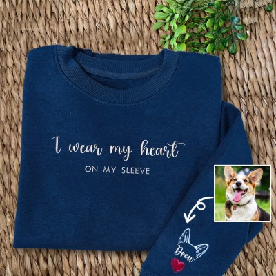 Custom I Wear My Heart On My Sleeve Embroidered Dog and Cat Ear Outline Navy Crewneck For Pet Lover