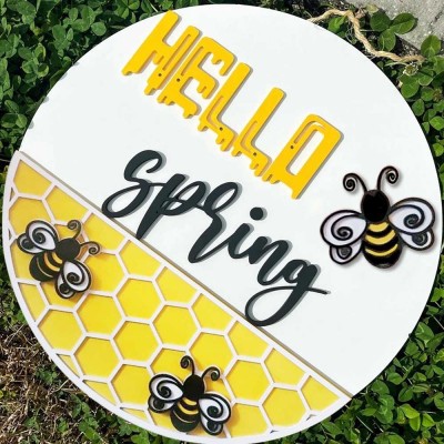 Wooden Hello Spring Door Hanger Farmhouse Decor Entry Way Wall Welcome Sign