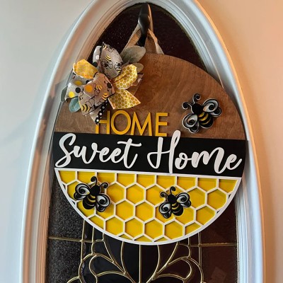 Wooden Hello Sweet Home Door Hanger Farmhouse Decor Entry Way Wall Welcome Bee Sign