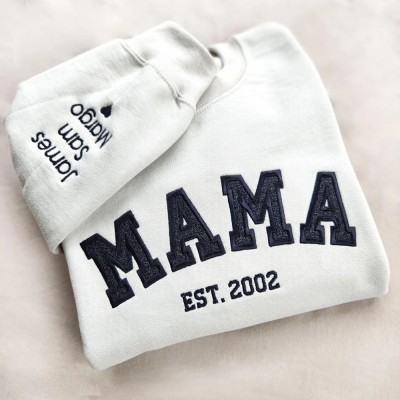 Custom Embroidered Glitter Mama Sweatshirt with Kids Names on Sleeve For New Mum Mother's Day Gift