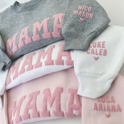 Custom Puff Mama Sweatshirt with Kids Names on Sleeve For Mother's Day Gift