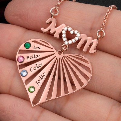 Custom Mom Heart Necklace With Kids Name and Birthstone For Mother's Day Christmas Birthday