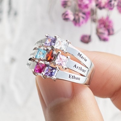 S925 Sterling Silver Custom Charlotte Center Marquise and Princess Ring with 1-6 Birthstones