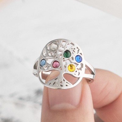 S925 Sterling Silver Personalized Family Tree Ring with 1-6 Birthstones