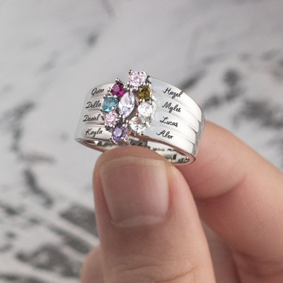 S925 Sterling Silver Custom Marquise Family Ring with 1-8 Birthstones