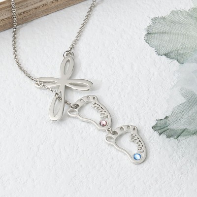 Personalized Mom 1-10 Baby Feet Charms Name Necklace With Birthstone