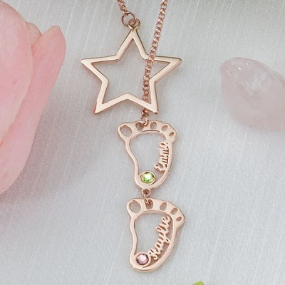 Personalized Baby Feet Charms Name Necklace With Birthstone For Mom Christmas's Day