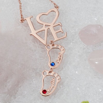 Personalized Love Baby Feet Charms Name Necklace With Birthstone For Mom Grandma