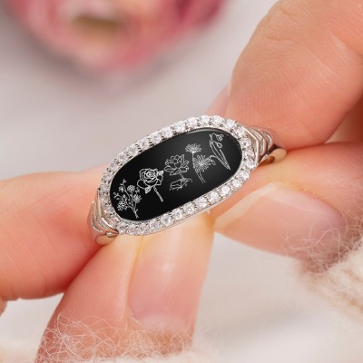 Personalized Birth Month Flower Ring Black Agate For Family Mom