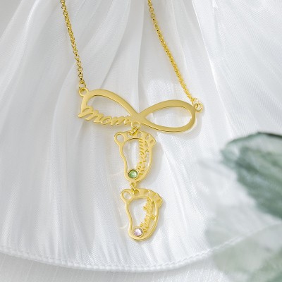 Personalized Infinity Mama Baby Feet Charms Name Necklace With Birthstone For Mom Christmas's Day