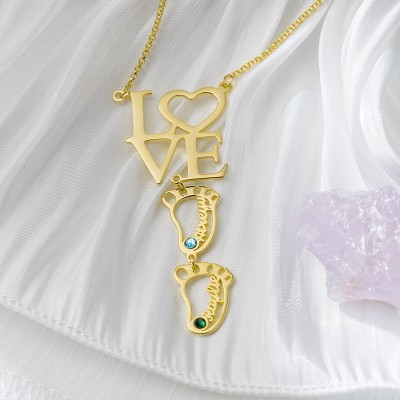 Personalized Baby Feet Charms Name Necklace With Birthstone For Mom Christmas's Day