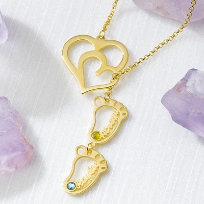 Personalized Baby Feet Charms Name Necklace With Birthstone For Mom Christmas's Day